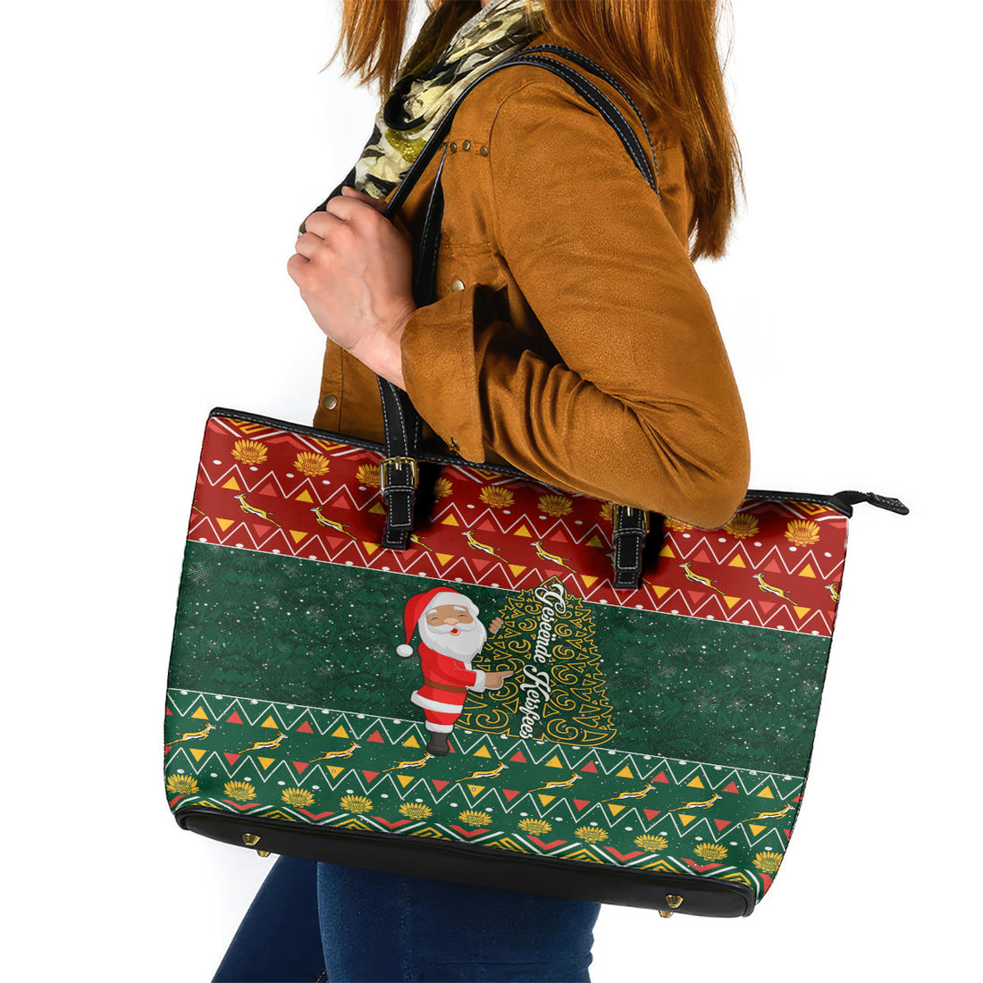 Custom South Africa Christmas Leather Tote Bag Geseende Kersfees Santa Claus African Pattern LT01