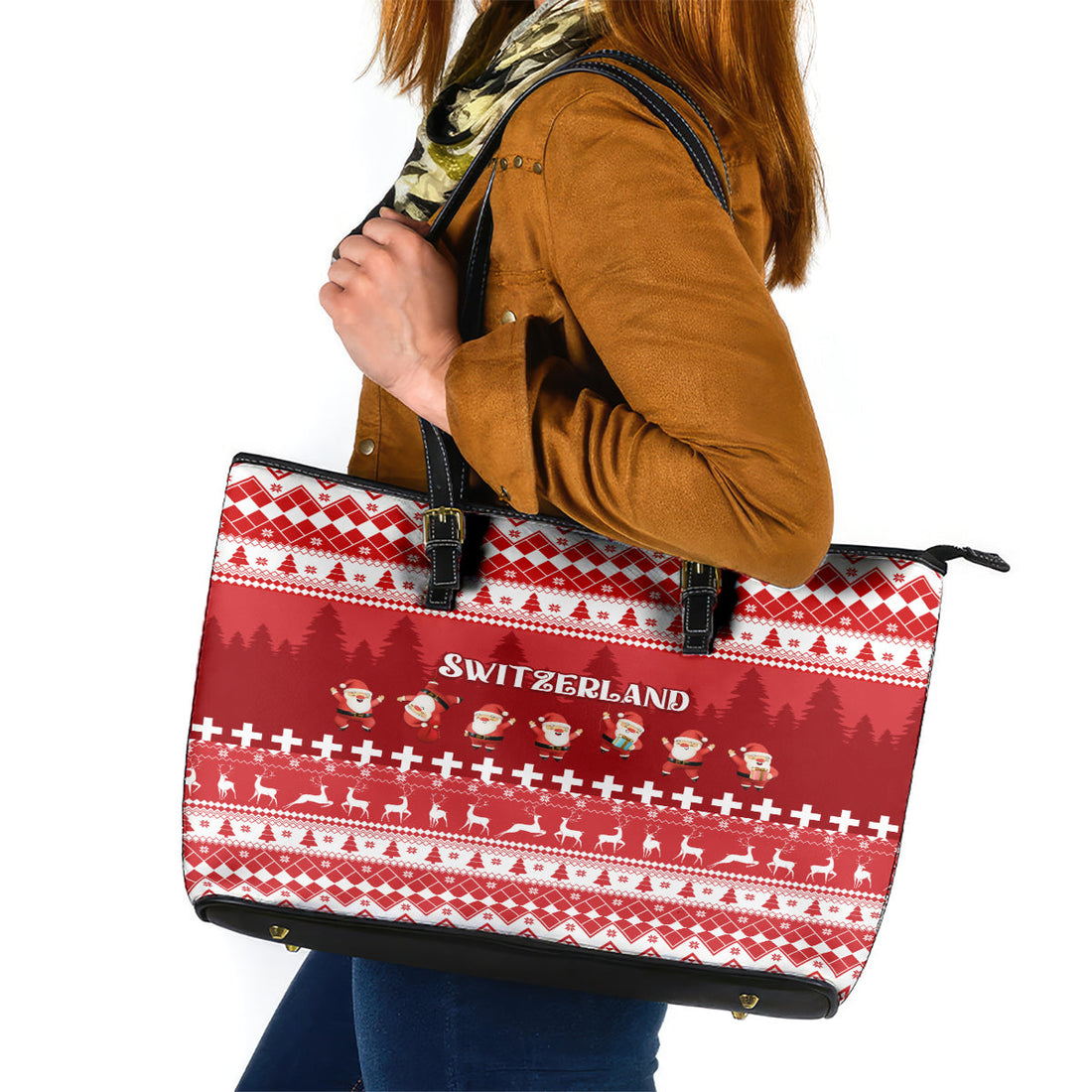 Custom Switzerland Christmas Leather Tote Bag Merry Christmas Funny Santa Claus LT01