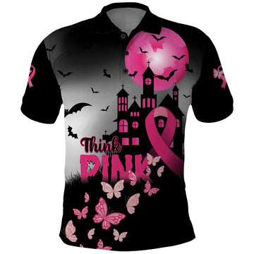 Personalized At Halloween We Think Pink Polo Shirt Pink Ribbon Butterflies LT01