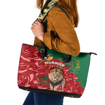 Morocco Independence Day Leather Tote Bag Barbary Lion With Moussier Redstart LT01
