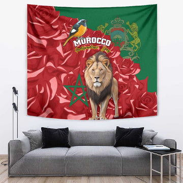 Morocco Independence Day Tapestry with Barbary Lion and Moussier's Redstart LT01