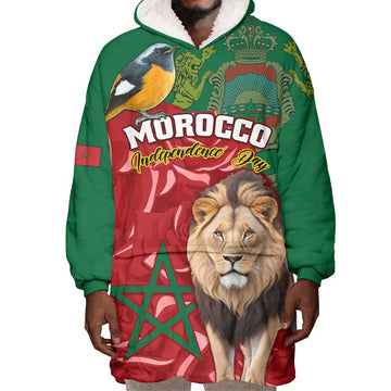 Morocco Independence Day Wearable Blanket Hoodie with Barbary Lion and Moussier's Redstart LT01