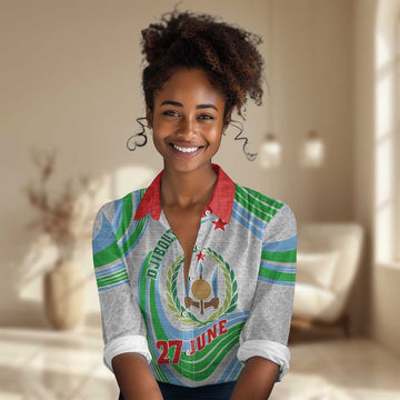 Custom Djibouti Independence Day Women Casual Shirt - June 27, Jabuuti Emblem with Islamic Pattern LT01