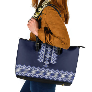 Ukraine Folk Pattern Leather Tote Bag Ukrainian Navy Blue Version LT01