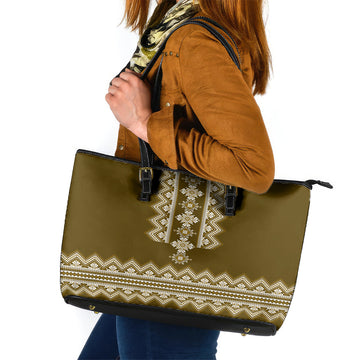 Ukraine Folk Pattern Leather Tote Bag Ukrainian Wood Brown Version LT01