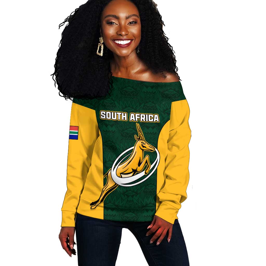 Custom South Africa Rugby Off Shoulder Sweater - Springboks Go Champions with Protea Pattern LT01
