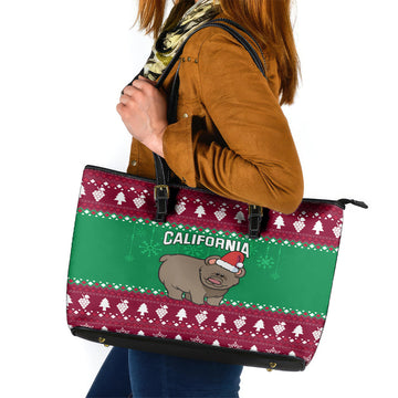 Custom California Christmas Leather Tote Bag Santa Grizzly Bear With Grape LT01