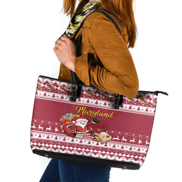 Custom Maryland Christmas Leather Tote Bag Santa Claus Riding A Reindeer LT01