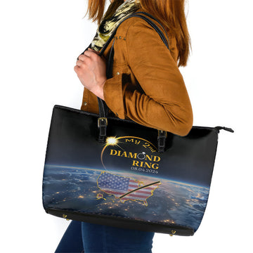 Total Solar Eclipse 2024 Leather Tote Bag My 2nd Diamond Ring LT01