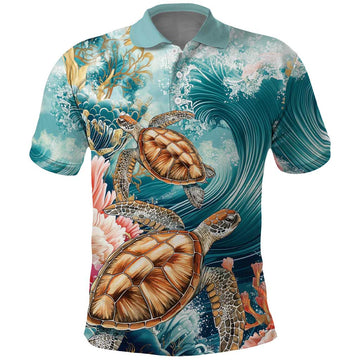 Personalized Caribbean Sea Turtle Polo Shirt Fantastic Ocean Waves LT01