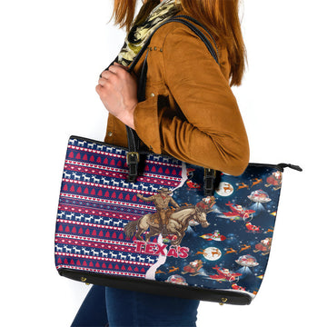 Custom Texas Christmas Leather Tote Bag Cowboy With Santa Claus In Space LT01