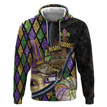 Personalized Mardi Gras Alligator Hoodie Colorful Zipper Stylized LT01