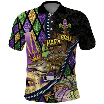 Personalized Mardi Gras Alligator Polo Shirt Colorful Zipper Stylized LT01