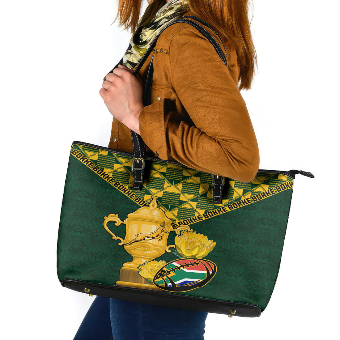 Custom South Africa Rugby Leather Tote Bag Go Bokke Champion 2023 World Cup LT01
