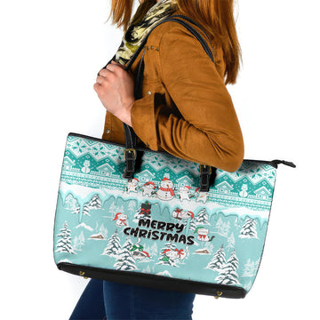 Custom Cat Christmas Leather Tote Bag Cat With Snowman In Winter Scene LT01