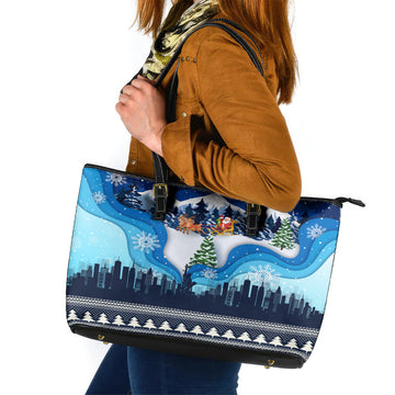 New York Christmas Leather Tote Bag Manhattan Statue Of Liberty LT01