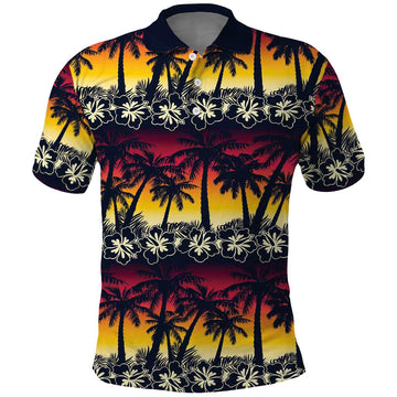 Hawaii Hibiscus Palm Tree Sunset Polo Shirt Tropical Style LT01