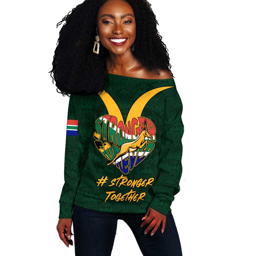 Custom South Africa Rugby Off Shoulder Sweater - Stronger Together, Stronger Forever, Bokke World Cup LT01
