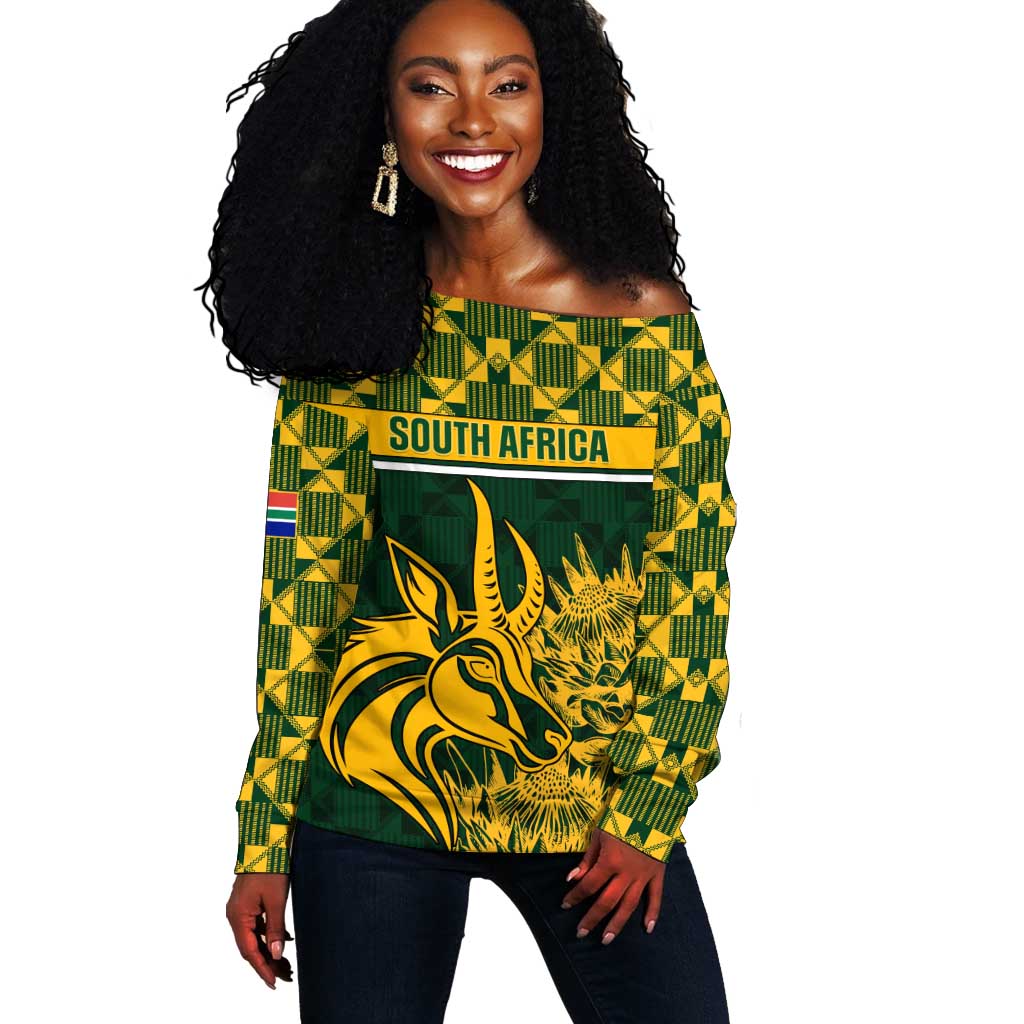 Custom South Africa Rugby Off Shoulder Sweater - Go Springboks with African Pattern LT01
