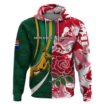 Custom South Africa and England Rugby Hoodie The Red Rose Protea Pattern LT01