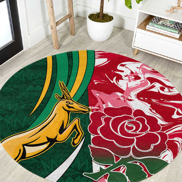 South Africa and England Rugby Round Carpet - The Red Rose with Protea Pattern LT01