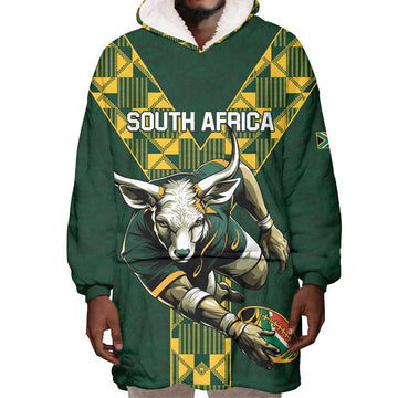 Custom South Africa 2024 Rugby Wearable Blanket Hoodie Go Springboks Protea Pattern LT01