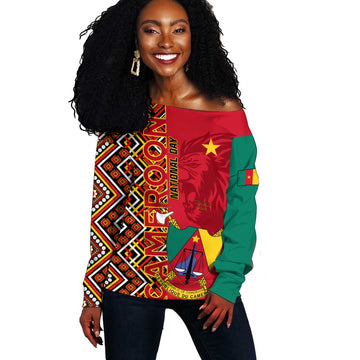 Cameroon National Day Off Shoulder Sweater Cameroun Coat Of Arms Ankara Pattern LT01