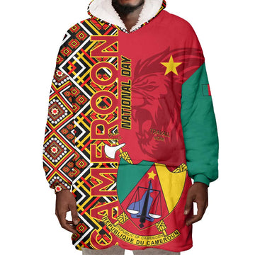 Cameroon National Day Wearable Blanket Hoodie Cameroun Coat Of Arms Ankara Pattern LT01
