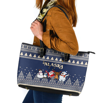 Custom Alaska Christmas Leather Tote Bag Santa Claus With Snowman Reindeer Penguin LT01