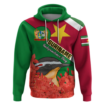 Personalised Suriname Independence Day Hoodie Lesser Kiskadee With Scarlet Jungle Flame Flower LT01