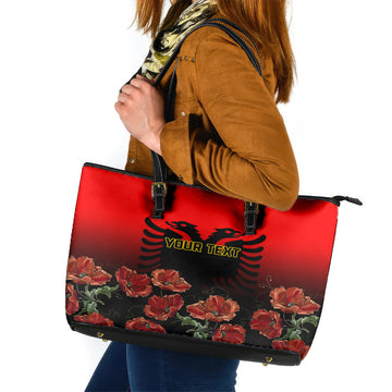 Personalised Albania Independence Day Leather Tote Bag Albanian Coat Of Arms With Red Poppy Flower LT01
