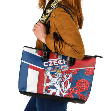 Czech Republic Leather Tote Bag Czechia Lion Rosa Pattern LT01