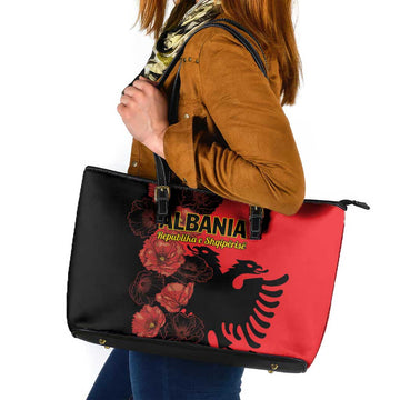 Albania Eagle Leather Tote Bag Red Poppy Flowers LT01