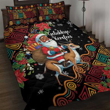 South Africa Gelukkige Kersfees Quilt Bed Set Black Santa Claus Riding Springbok LT01