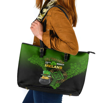 Leprechaun Hat Gold Coins St Patricks Day Personalized Leather Tote Bag With Irish Celtic Shamrock LT01