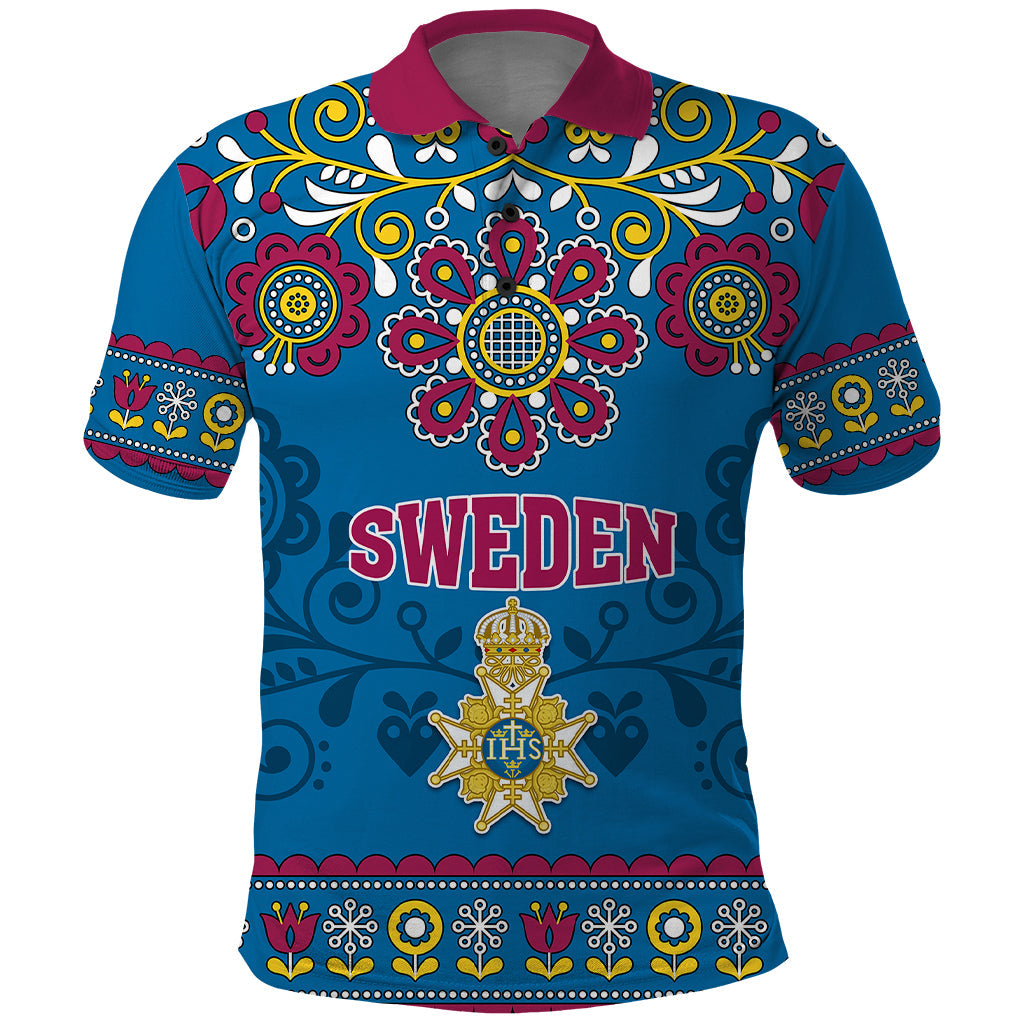Custom Sweden Polo Shirt Swedish Three Crown Mix Scandinavian Flowers LT01