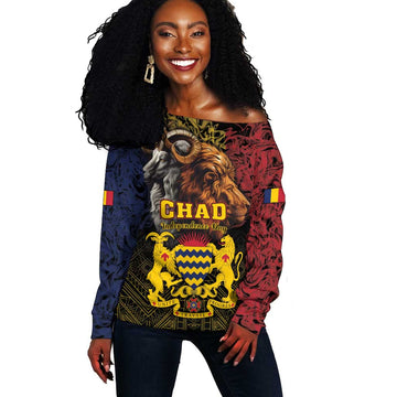 Chad Independence Day 1960 Off Shoulder Sweater Tchad Goat and Lion African Pattern LT01
