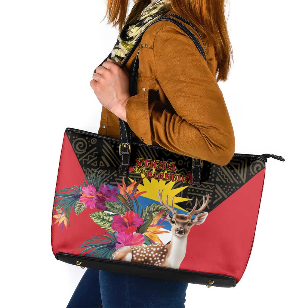 Antigua and Barbuda Leather Tote Bag Fallow Deer Tropical Bouquet LT01