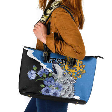 Estonia Leather Tote Bag Grey Wolf Cyanus Flowers LT01