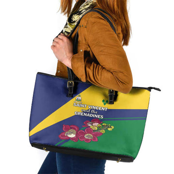 Saint Vincent and the Grenadines Leather Tote Bag Pax et Justitia Cannonball Flower LT01
