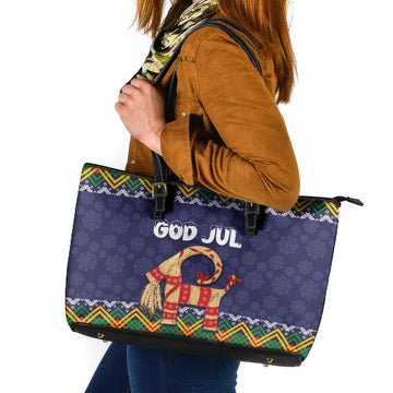 Scandinavian Yule Goat Christmas Leather Tote Bag with Scandinavian Folk Pattern Style LT03