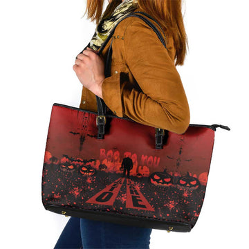 Halloween Nightmare Leather Tote Bag Pumpkin-faced Jack O Lantern With a Scary Smile Blood Vibe LT03