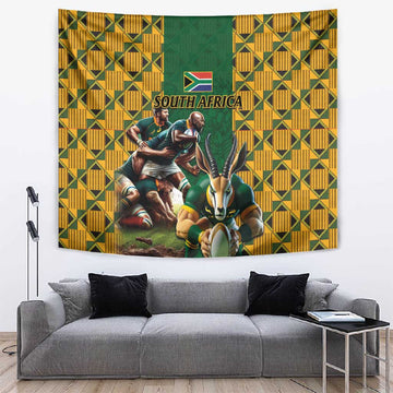 South Africa Rugby Tapestry - Springbok Mascot, Players Fighting for Victory LT03