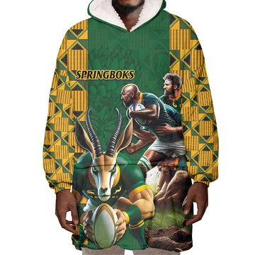 South Africa Rugby Wearable Blanket Hoodie - Springbok Mascot, Players Fighting for Victory LT03