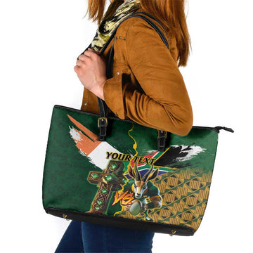 Personalized South Africa Versus Ireland Rugby Leather Tote Bag The Springbok Mascot and Celtic Cross Together LT03