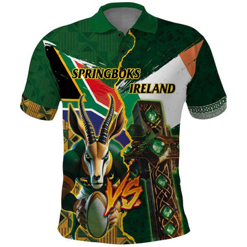 Personalized South Africa Versus Ireland Rugby Polo Shirt The Springbok Mascot and Celtic Cross Together LT03