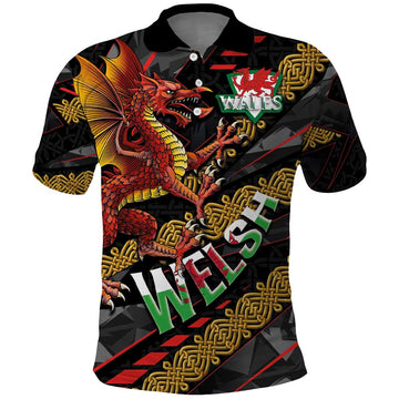 Welsh Celtic Polo Shirt Wales Y Ddraig Goch with Celtic Knot Sporty LT03
