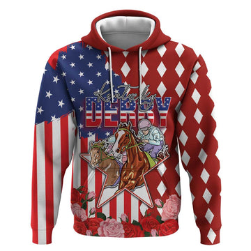Kentucky Horses Racing Hoodie US Flag Grunge and Diamond Pattern Red Color LT03