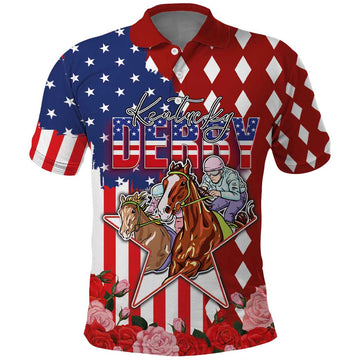 Kentucky Horses Racing Polo Shirt US Flag Grunge and Diamond Pattern Red Color LT03