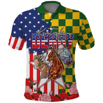 Kentucky Horses Racing Polo Shirt US Flag Grunge and Check Pattern Green Color LT03
